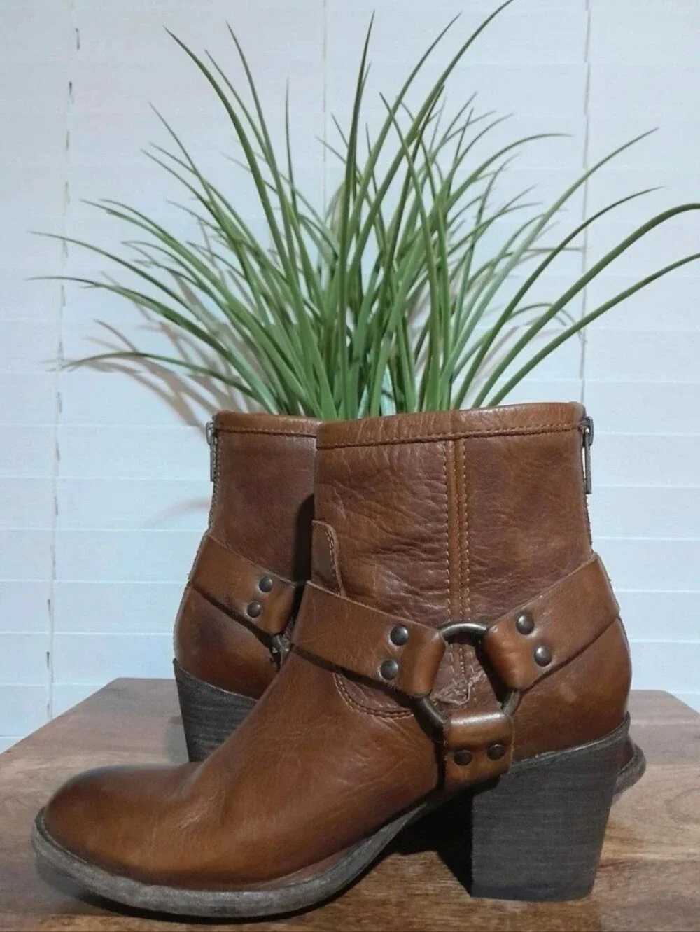 Frye Brown Leather Ankle Boots with Harness Strap